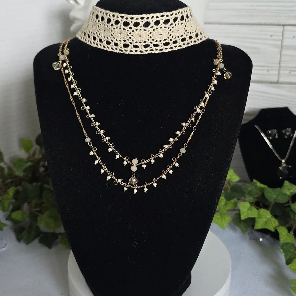Double Choker Necklace Set Crochet and Double Strand Chain - Picture 1 of 11
